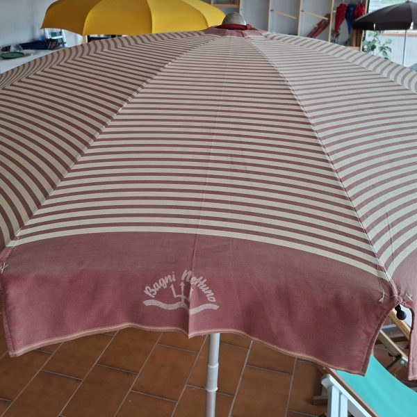 Ombrellone alluminio telo righine rosso e bianco con scritta
